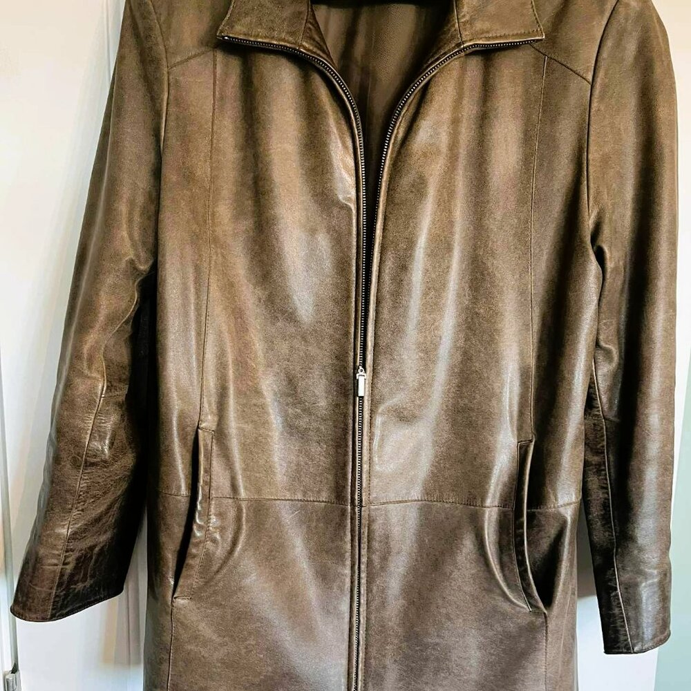 Bison Italian Leather Jacket Khaki Brown Size 52 XL Made in Italy Vintage - Picture 4 of 9